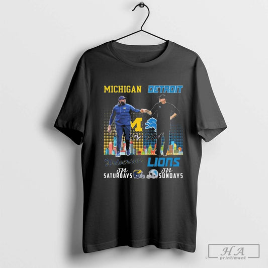 Michigan Wolverines Sherrone Moore On Saturdays X Detroit Lions Daniel Allen Campbell On Sundays Signatures T Shirts 423725