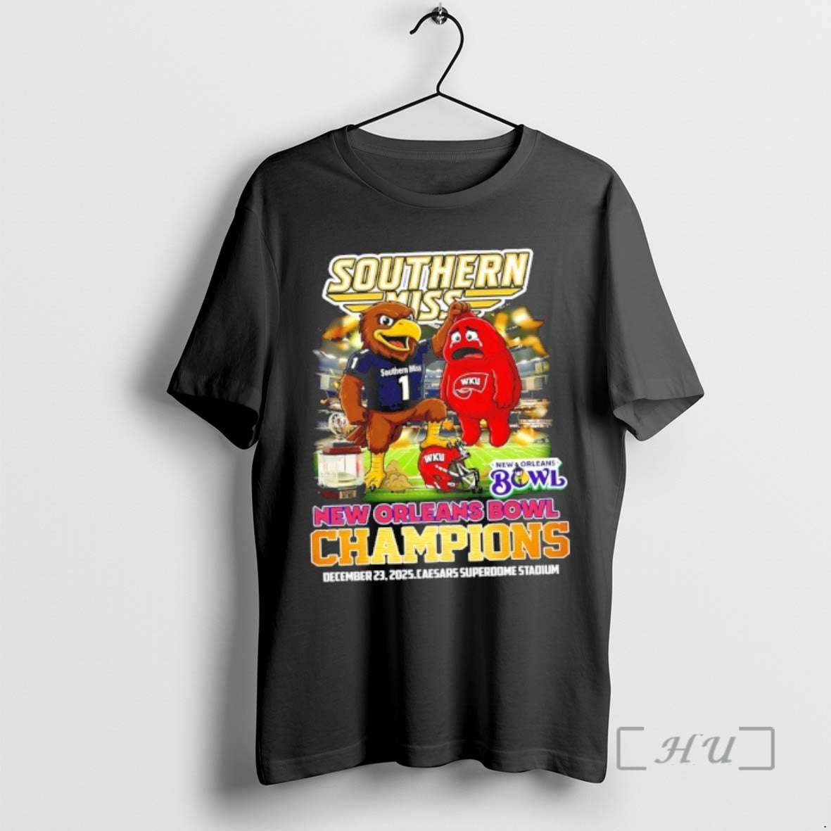 Officials Southern Miss Beat Western Kentucky 2026 New Orleans Bowl Champions Mascot Premium T Shirts