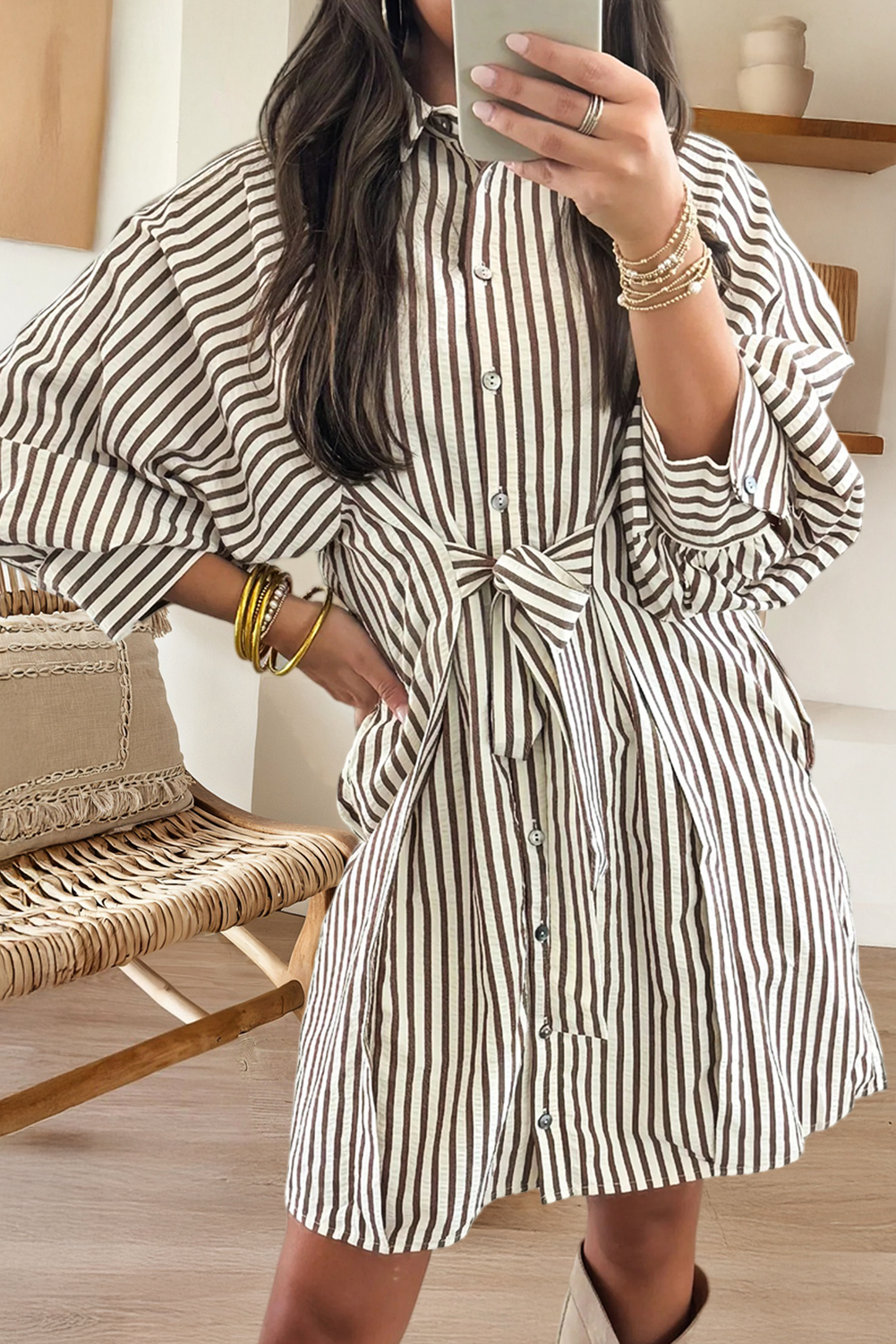 Knot Waist Puff Sleeve Button Down Mini Shirt Dress (S-Xl)