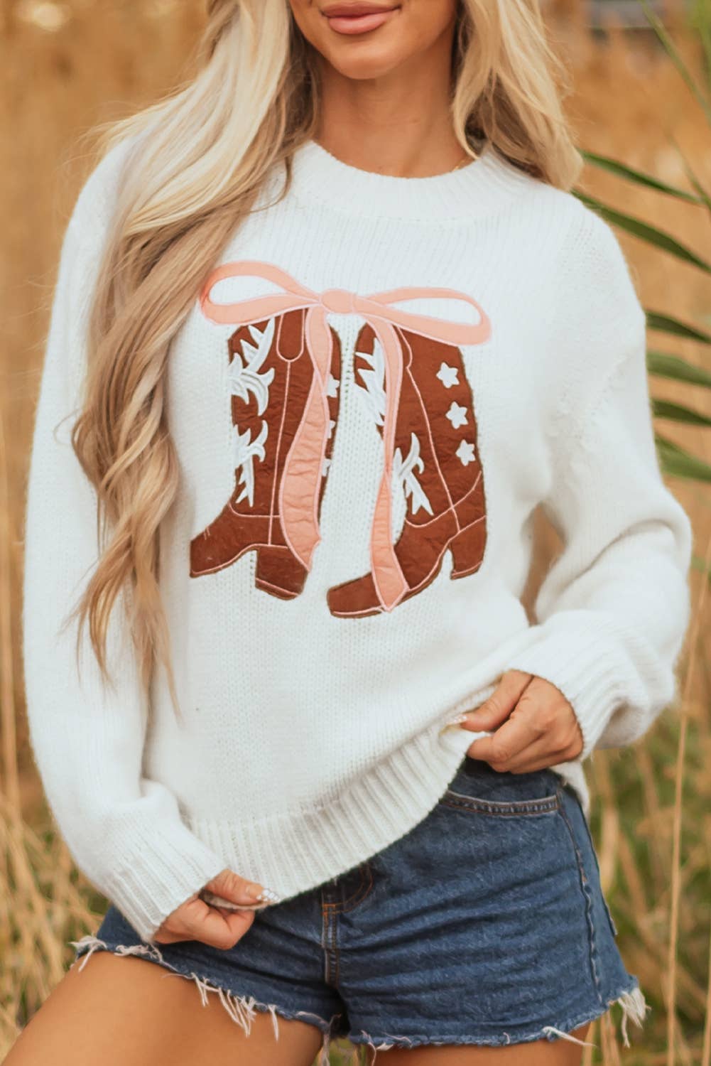 Western Embroidered Bow Boots Graphic Drop Shoulder Sweater