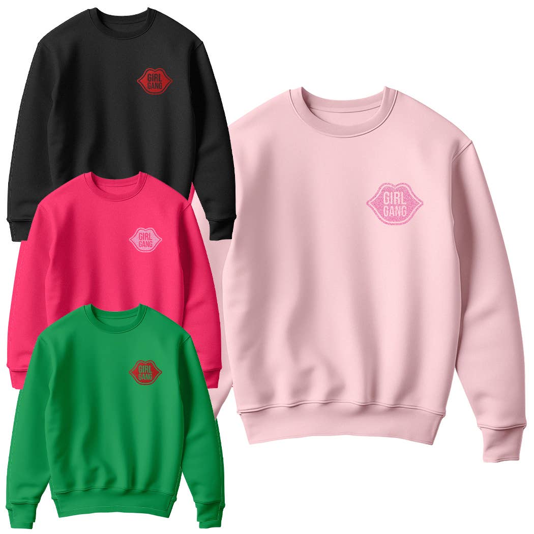 Girl Gang Lip Shape Glitter Logo Print Fleece Sweatshirt