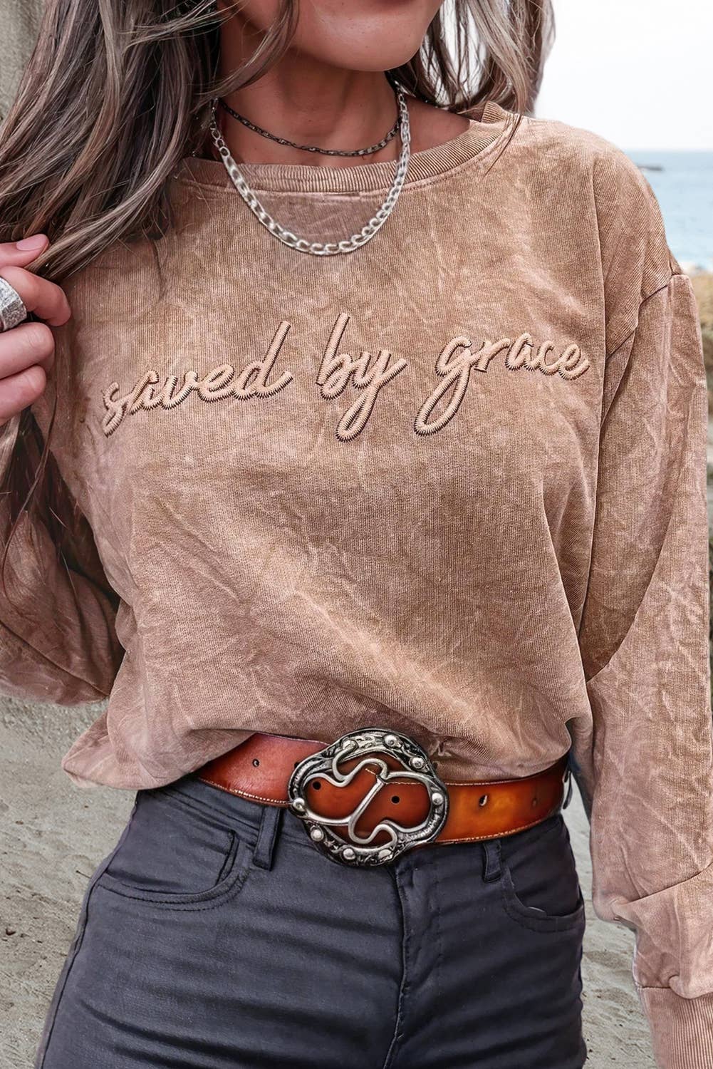 Saved By Grace Embroidery Mineral Wash Sweatshirt | S-Xl