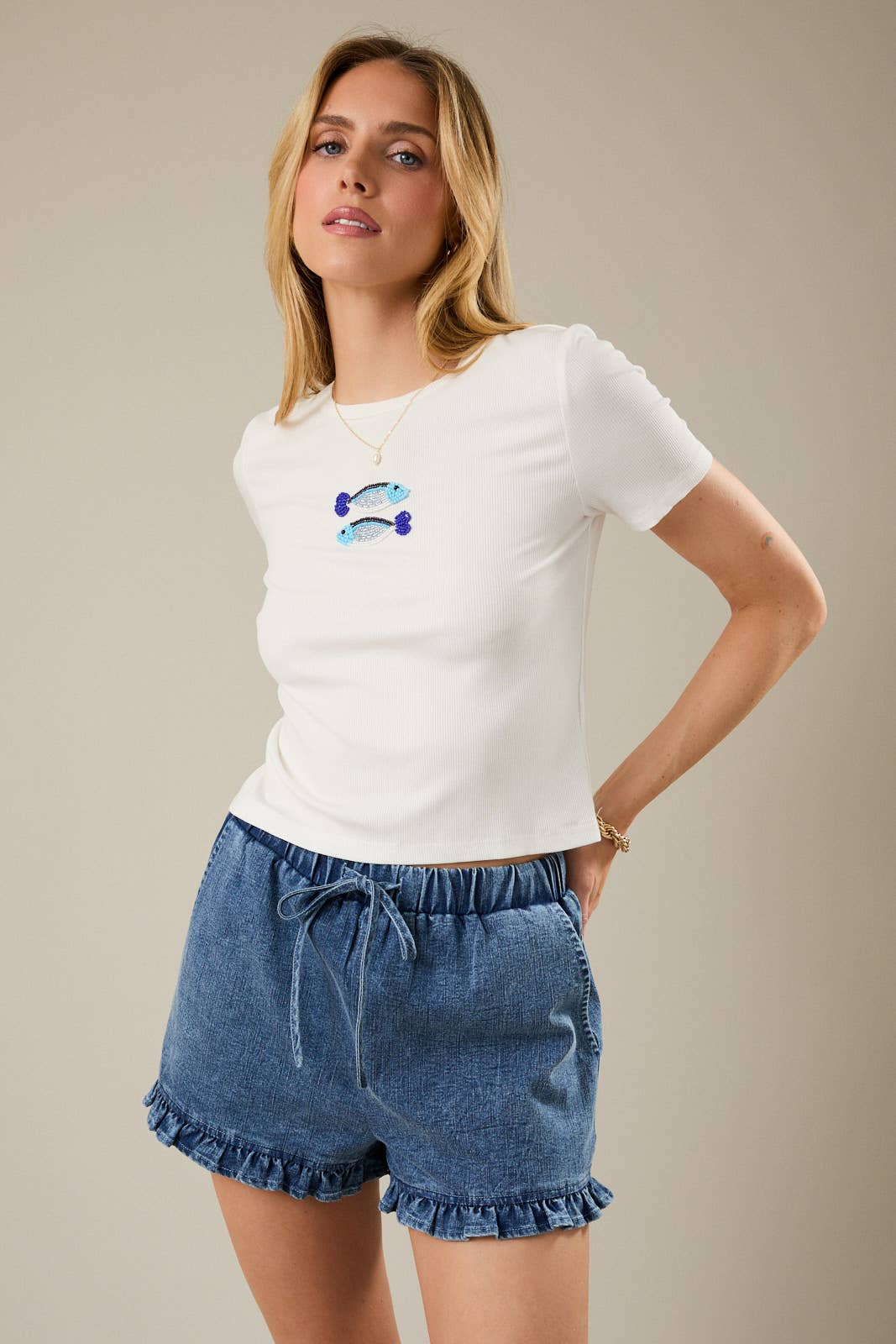 Crew Neck Short Sleeve Fish Beads Rib T-Shirt
