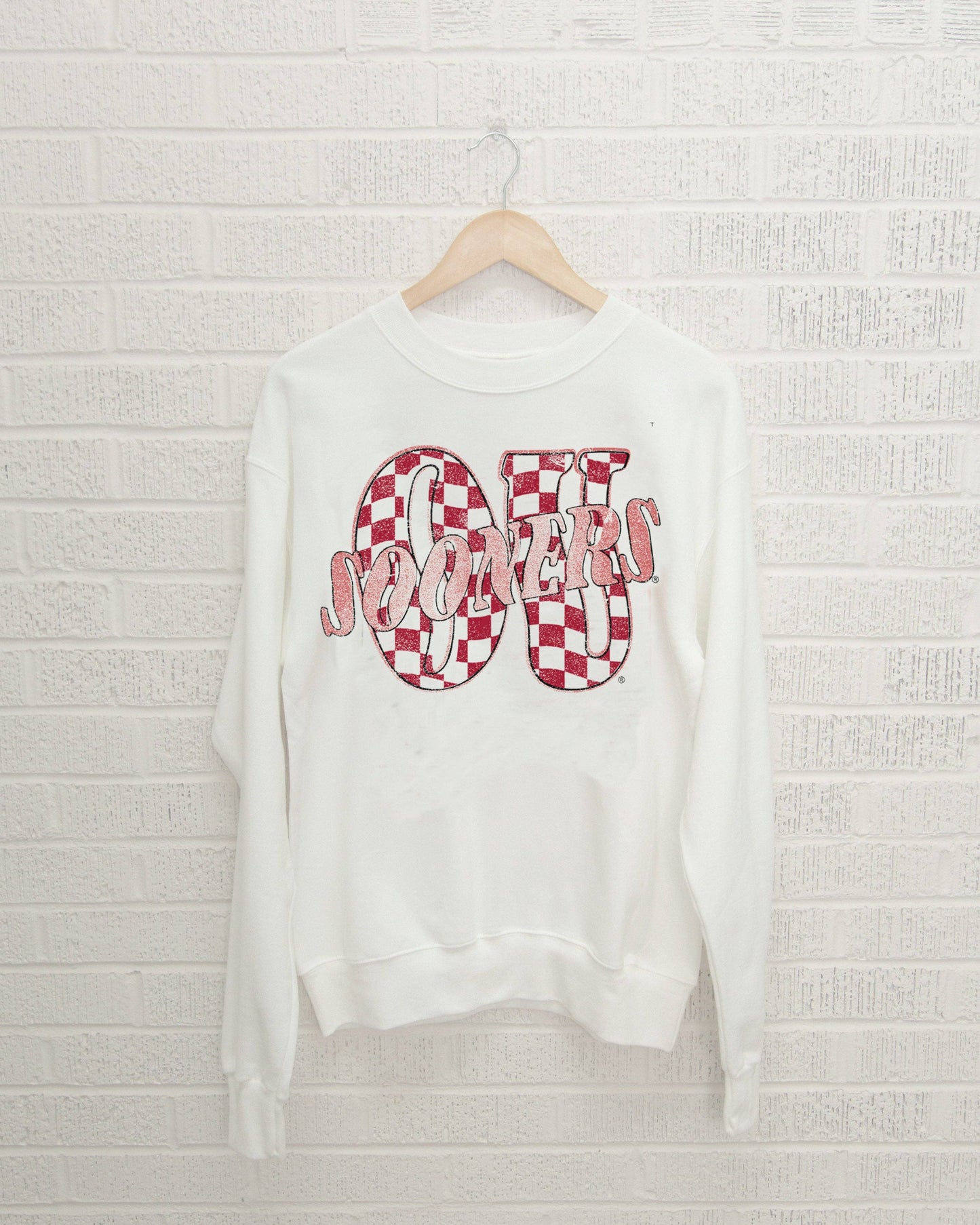 Ou Oklahoma Sooners Twisted Check White Thrifted Sweatshirt