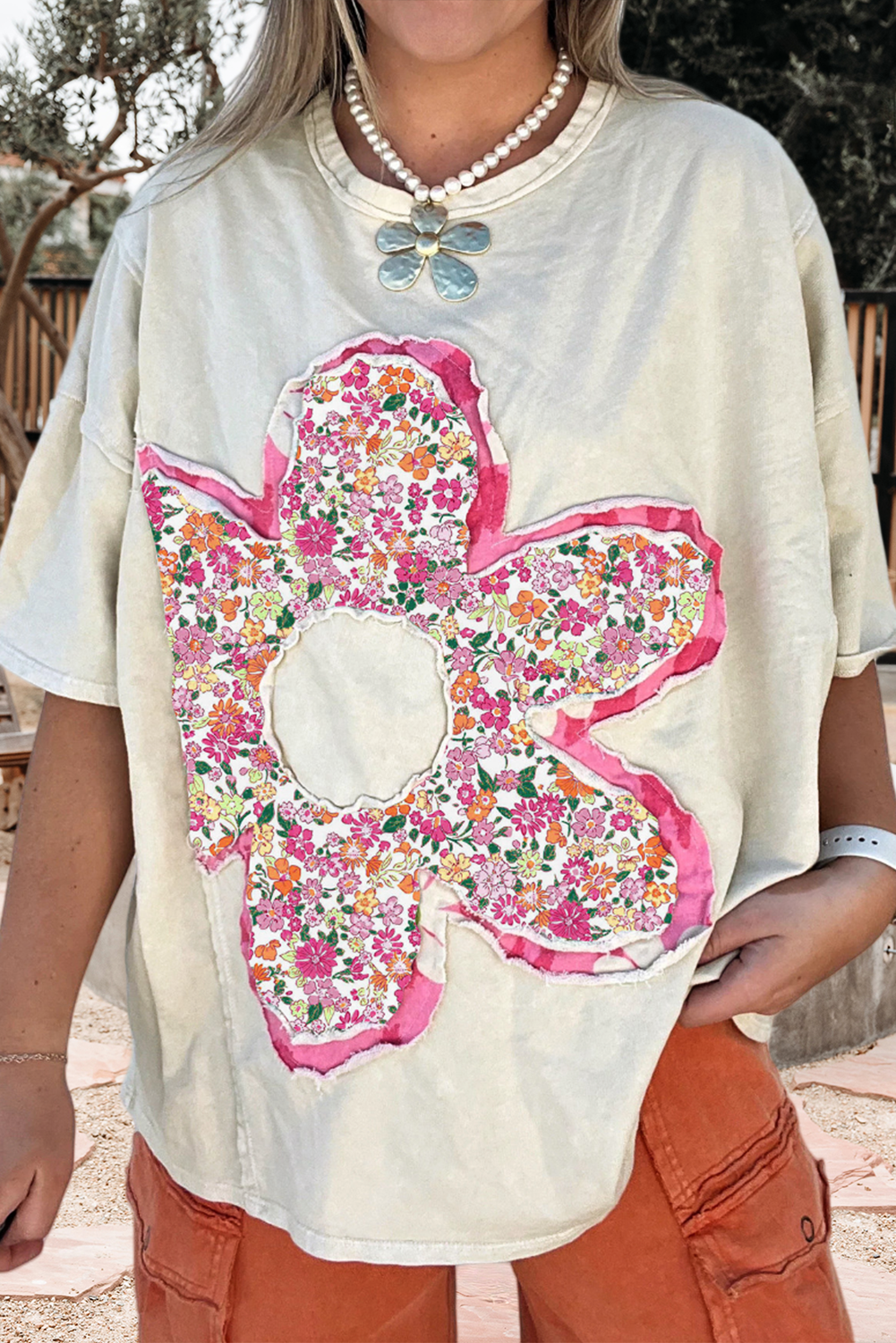 Floral Patched Raw Seam Big Flower Oversize Tee (S-Xl)