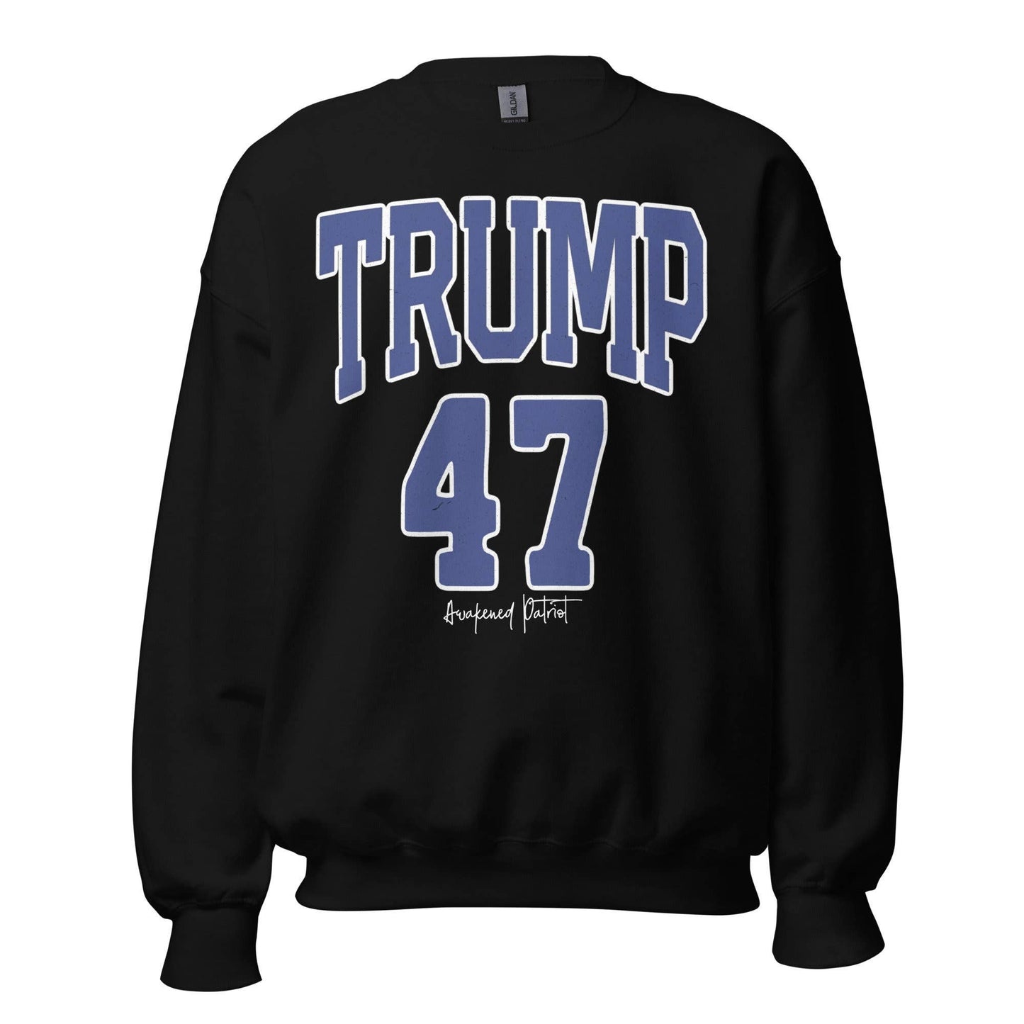 Trump 47 Distressed Awakened Patriot Varsity Sweatshirt