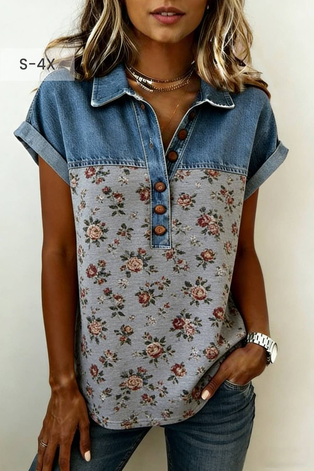 Floral Print Denim Patchwork Buttoned Polo Collar Tee (S-4X)