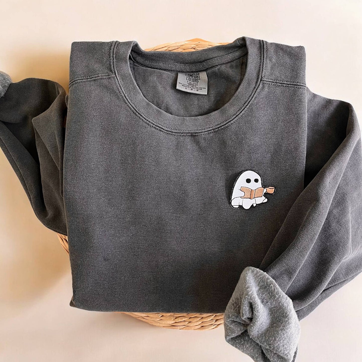 Comfort Colors® Ghost Halloween Sweatshirt, Books and Coffee