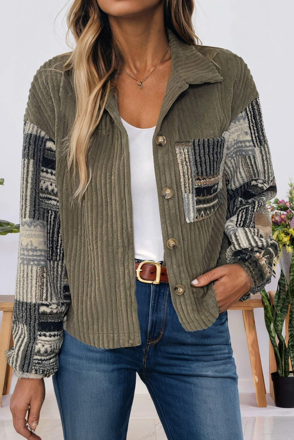 Ribbed Fleece Plaid Print Patchwork Button Up Jacket (S-Xl)