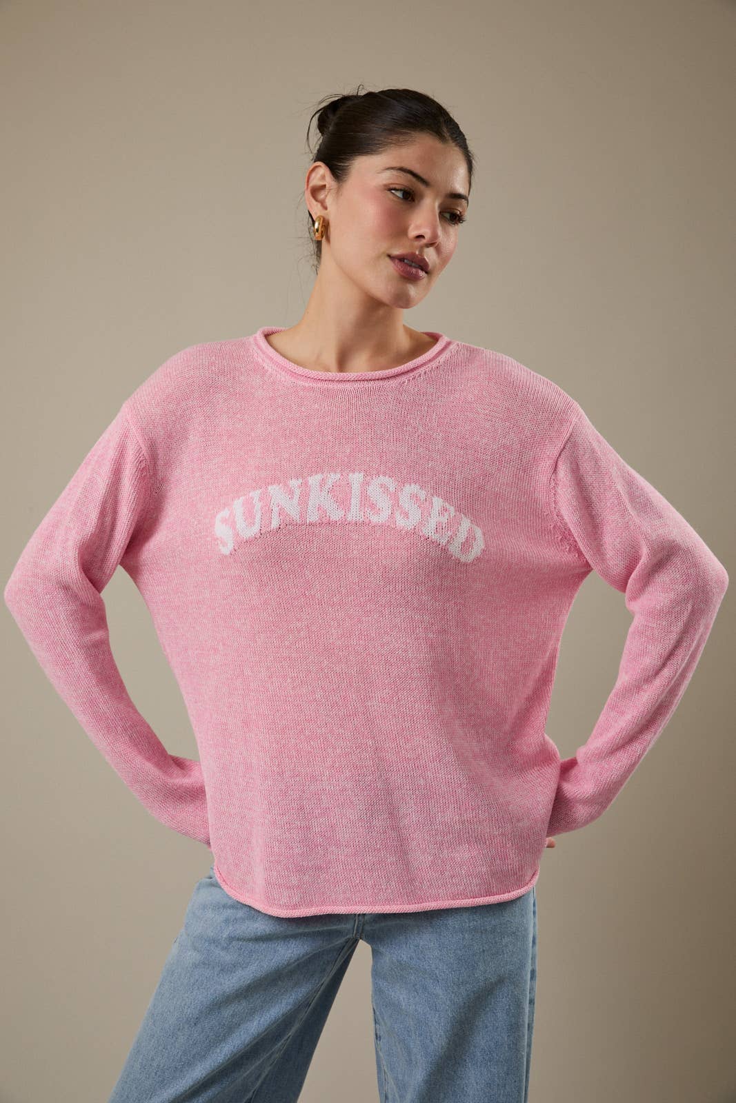 Round Roll Up Neck Long Sleeve "Sunkissed“ Lt Weight Sweater
