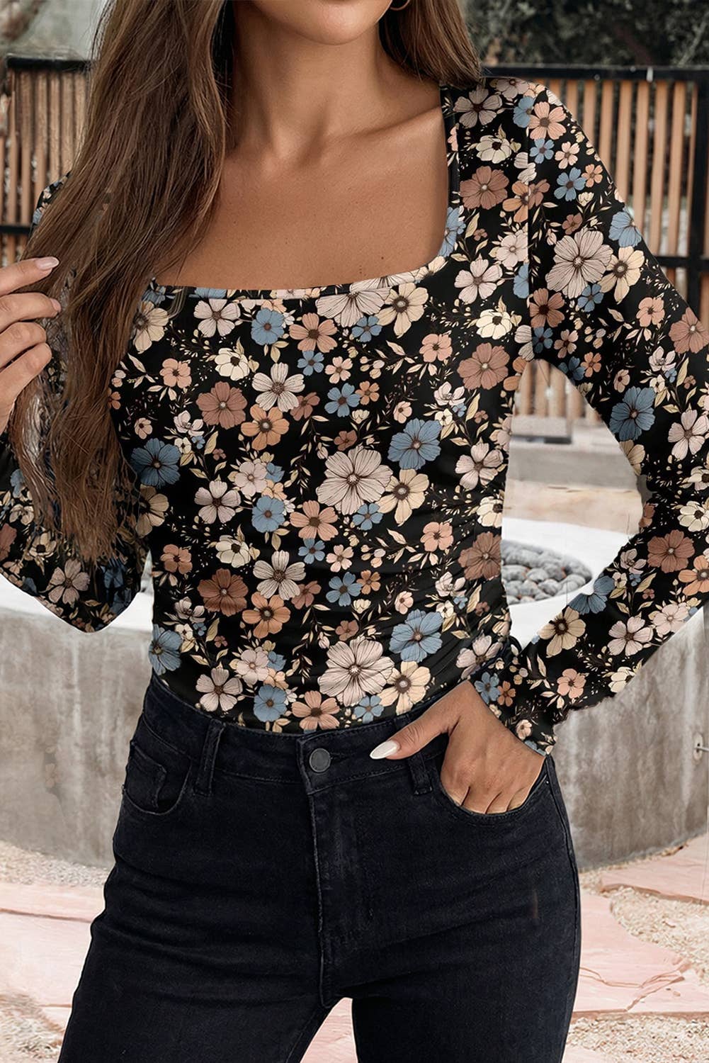 Leopard Print Slim Square Neck Long Sleeve T Shirt (S-Xl)