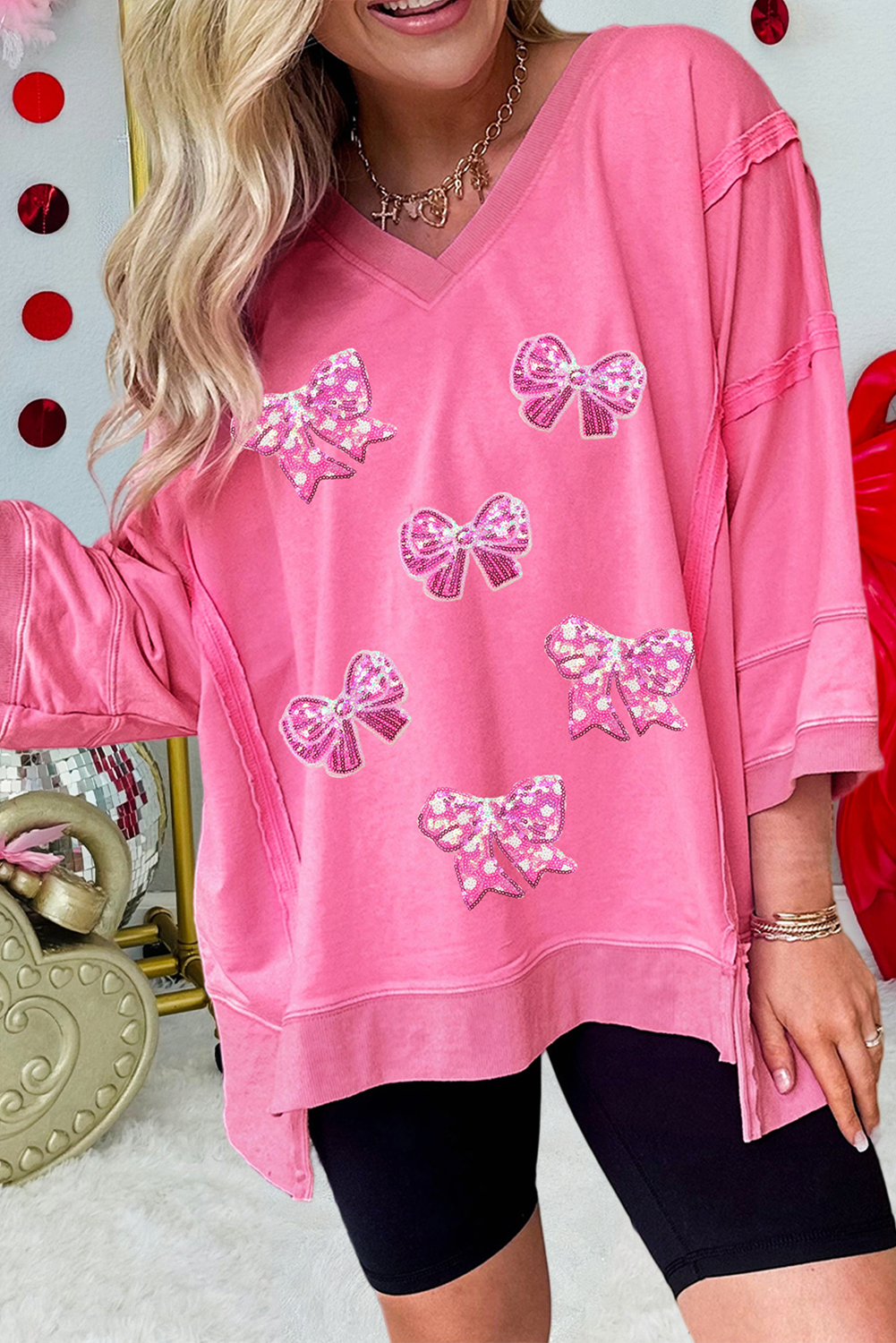 Sequined Bow Patched Exposed Seam High Low T Shirt (S-Xl)