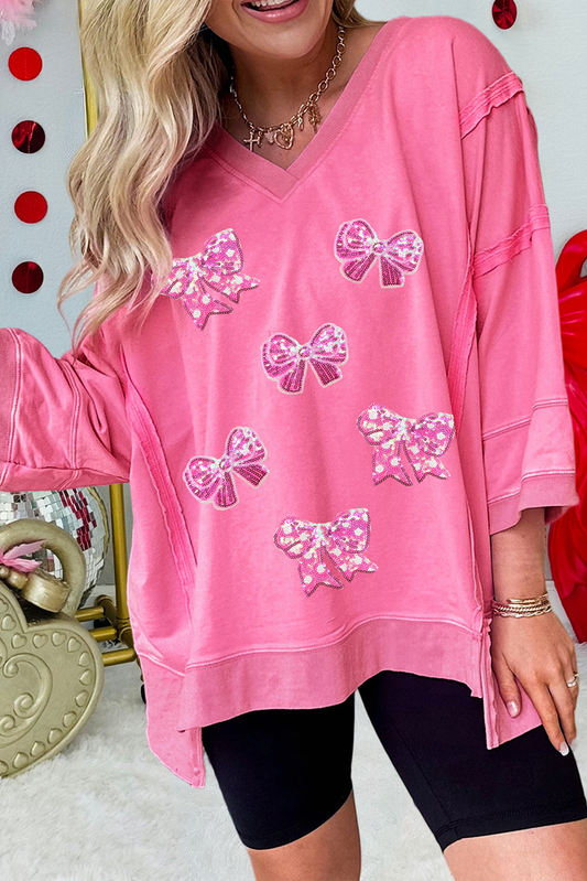 Sequined Bow Patched Exposed Seam High Low T Shirt (S-Xl)