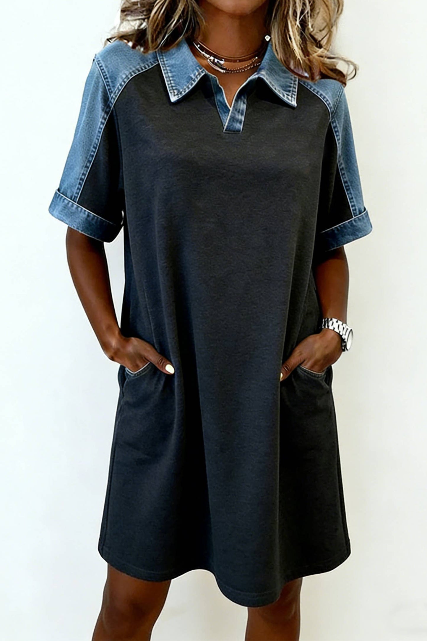 Denim Patchwork Polo Collar T Shirt Shift Dress (S-Xl)