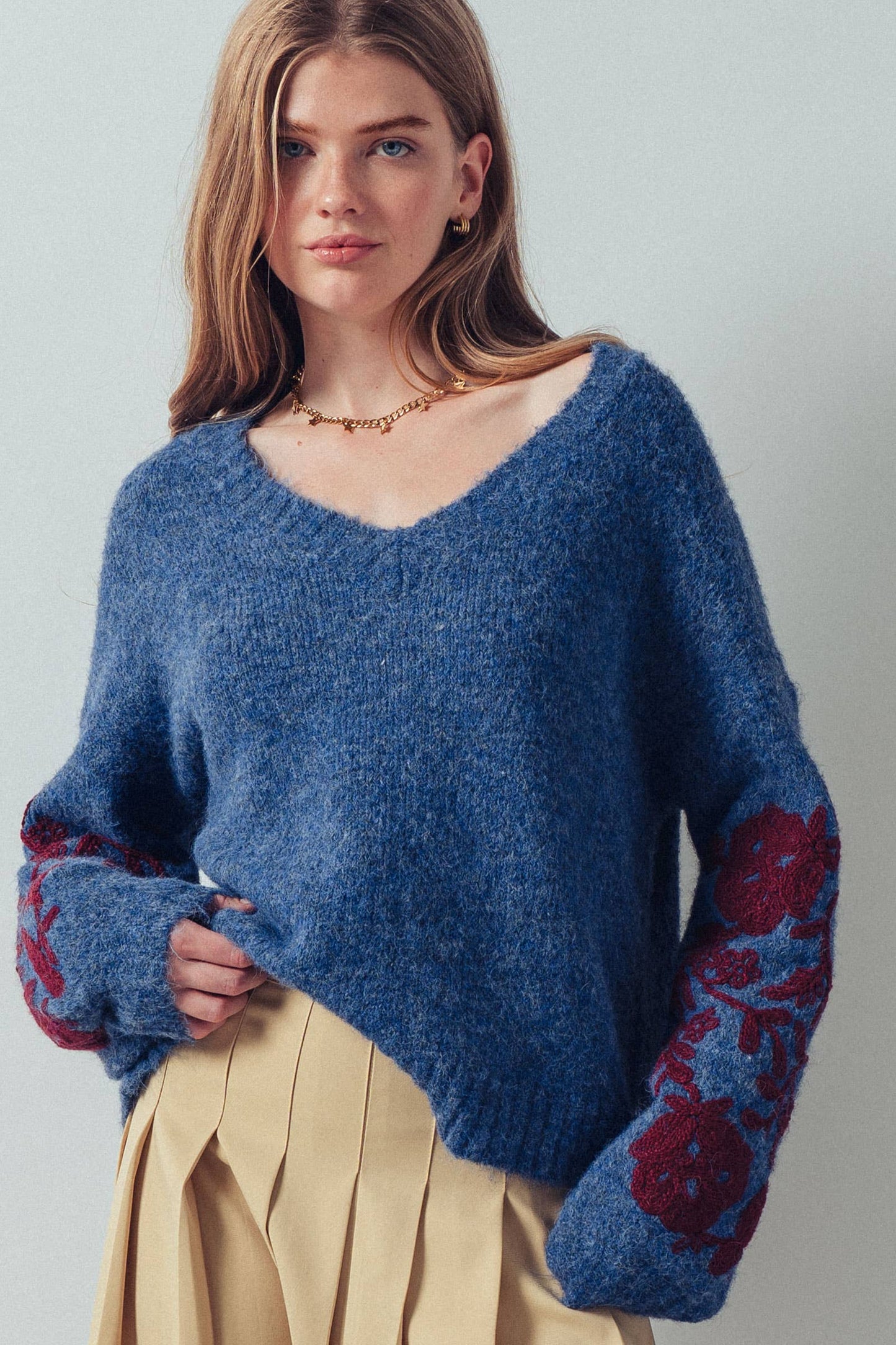 Romantic Floral Embroidered V-Neck Sweater