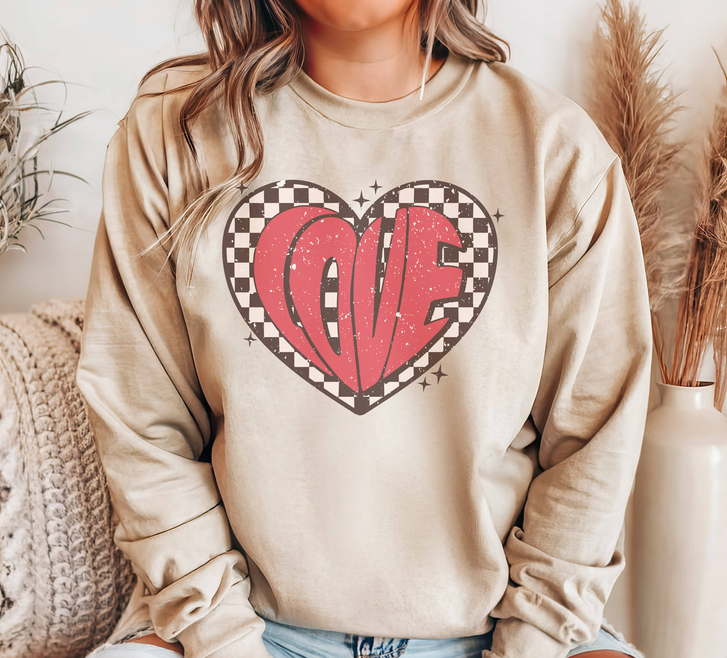 Checkered Love Heart Crew Neck Sweatshirt Valentines