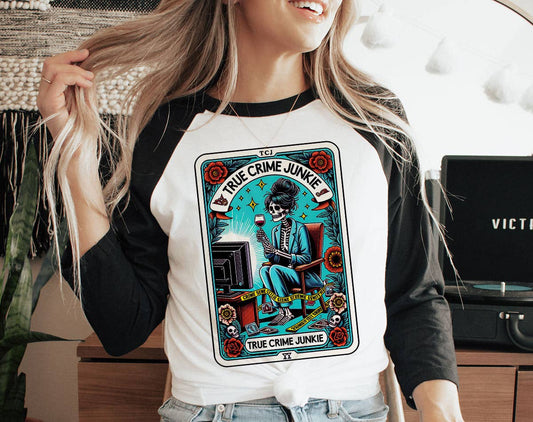 True Crime Junkie - Funny Tarot Baseball T-Shirt