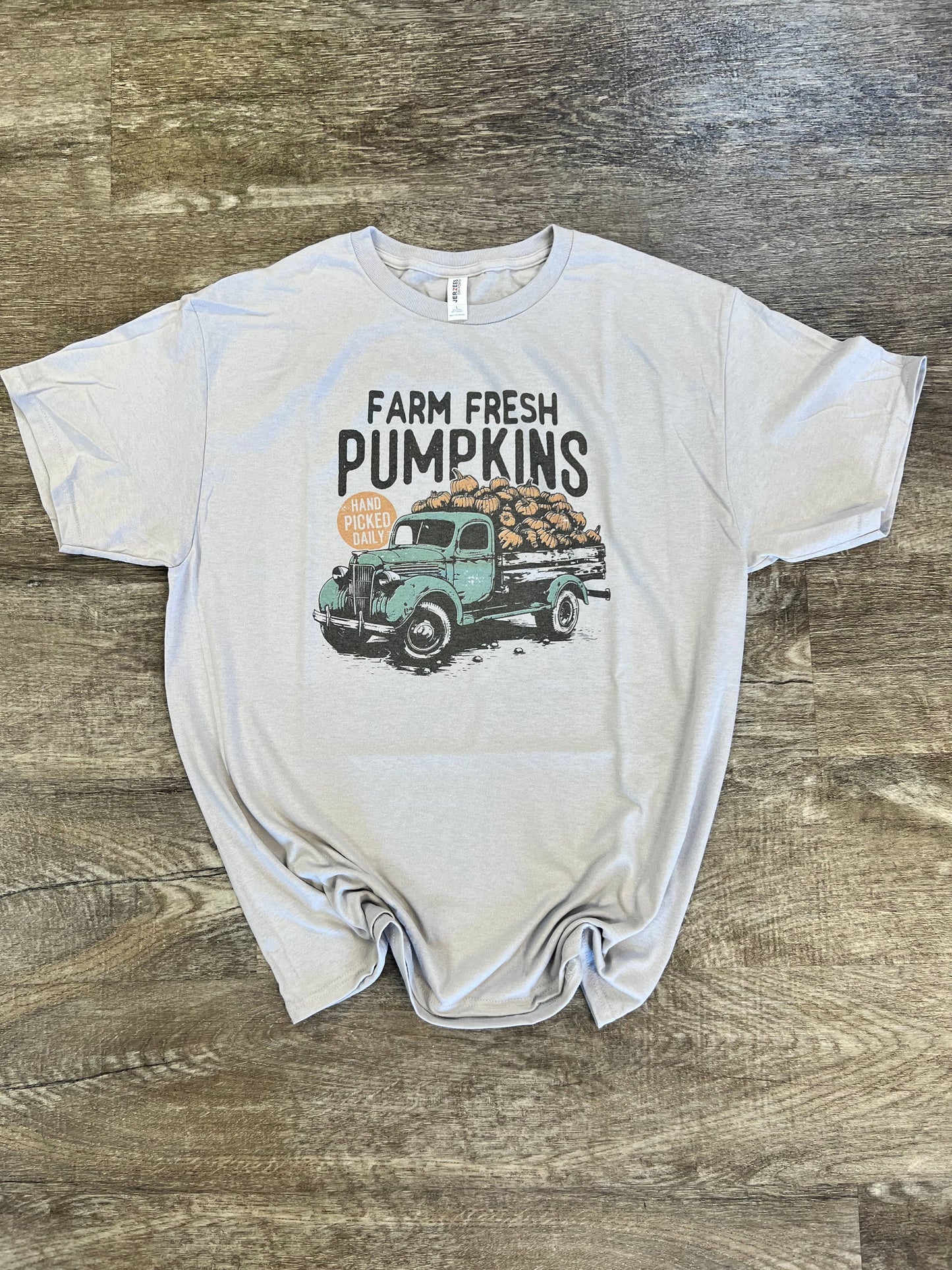 Farm Fresh Pumpkins with Truck On Silver Tee
