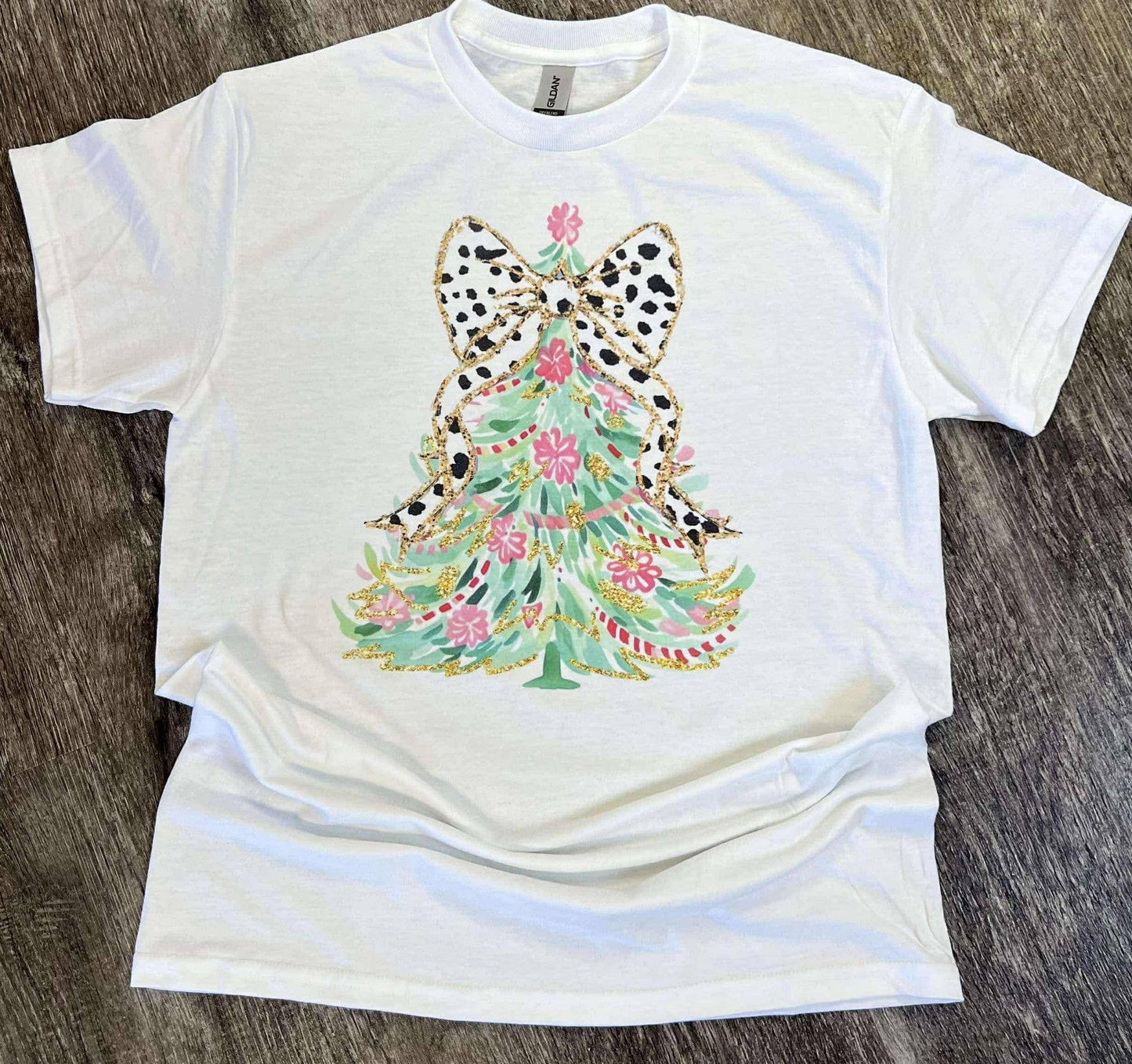 Light Green Christmas Tree with Dalmation Bow On White Tee