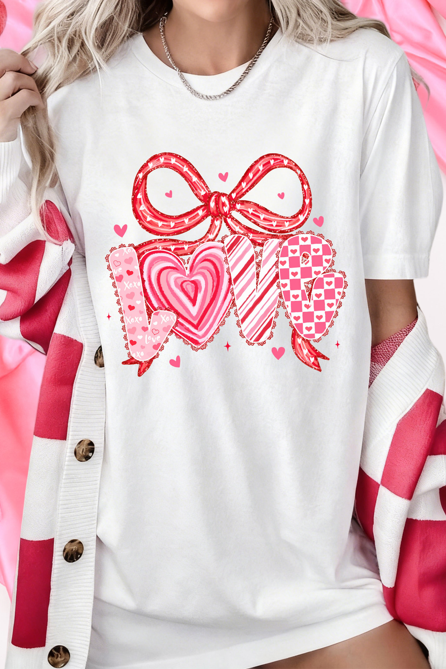 Sweet Love Ribbon Bow Printed Valentines Day T Shirt (S-3XL)