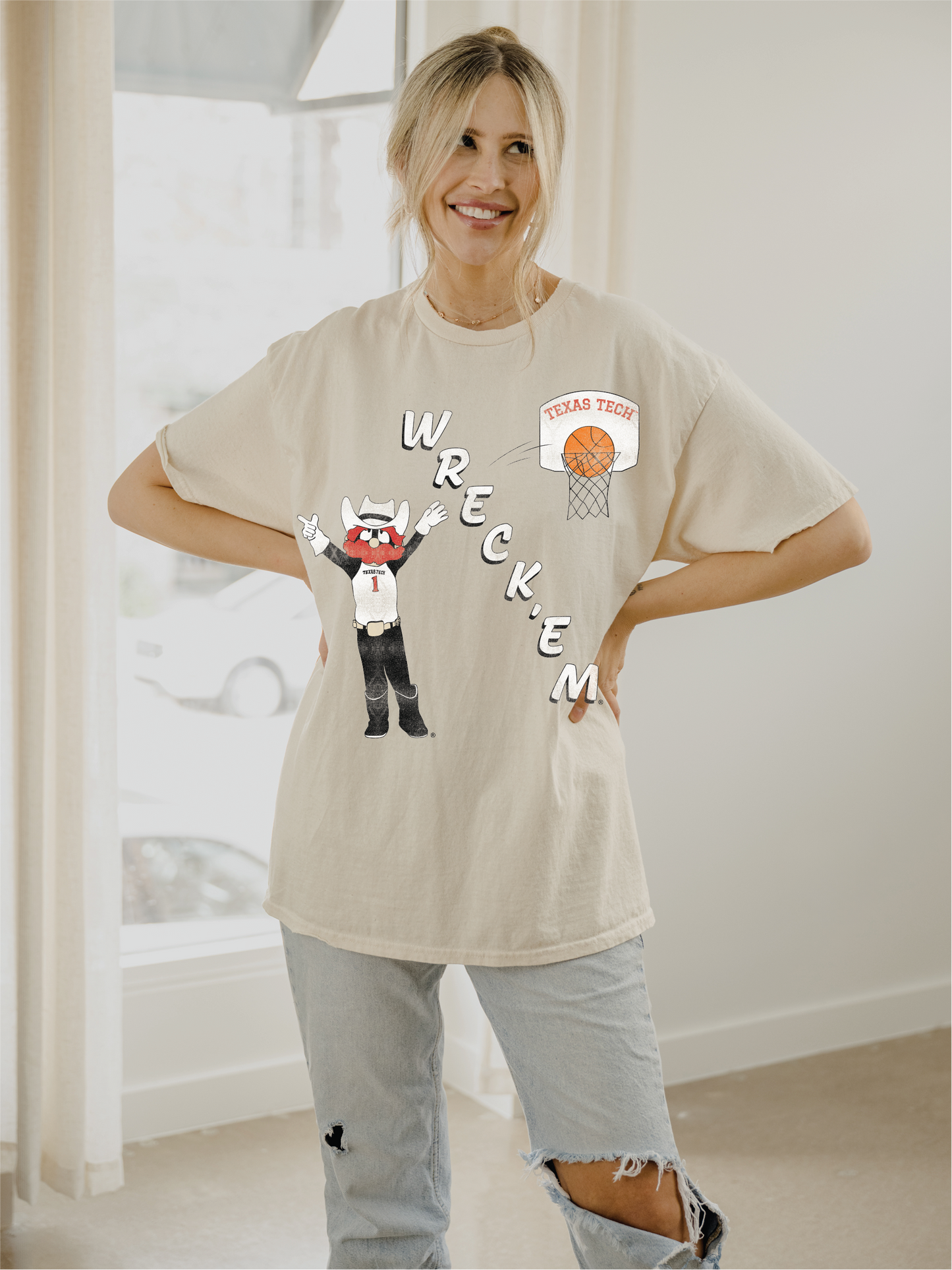 Texas Tech Retro Basketball Off White Thrifted Tee