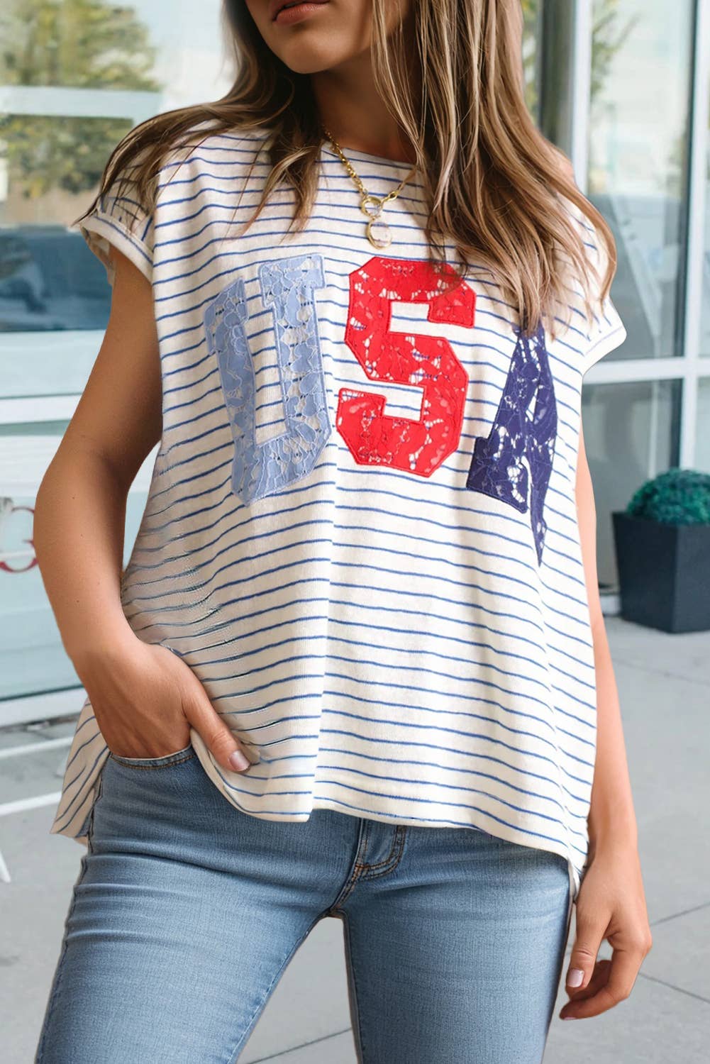 Stripe Lacy USA Graphic Loose Tee (S-Xl)