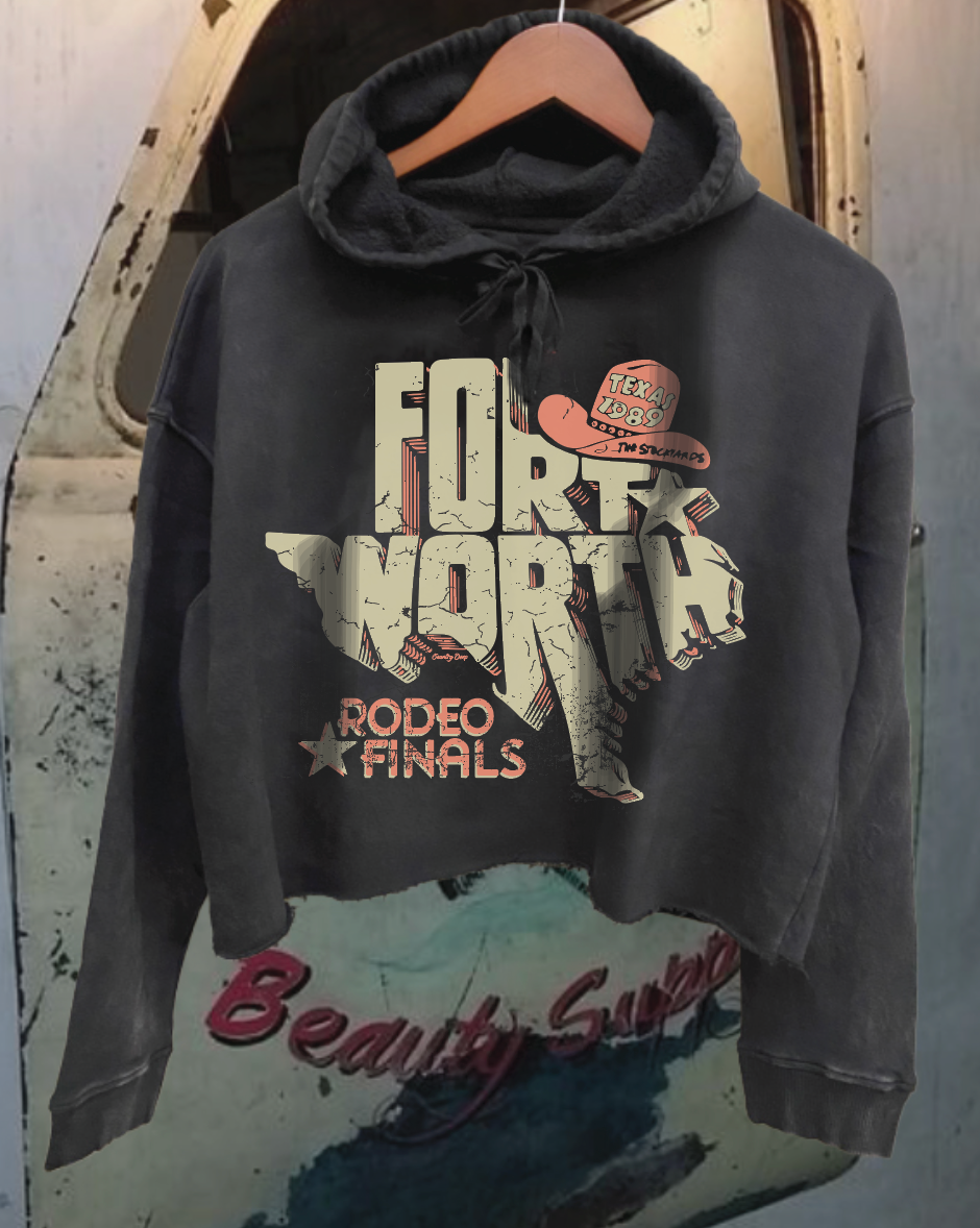 Fort Worth State Line Rodeo Acid Wash Cropped Hoodie