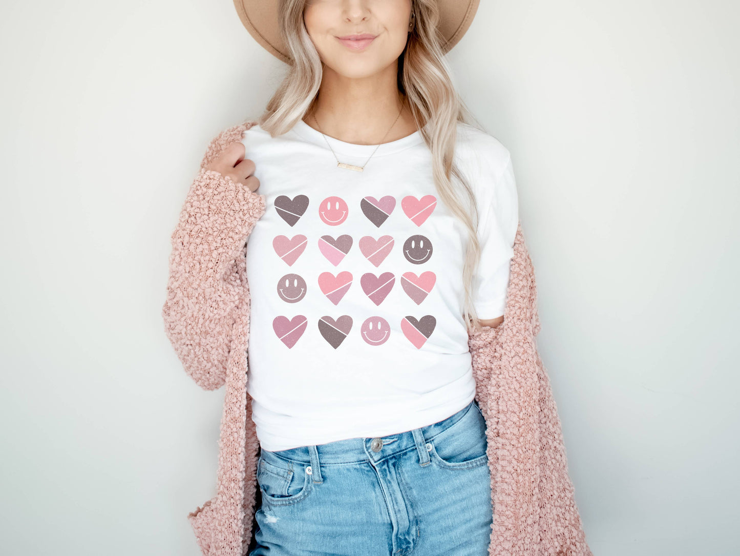 Hearts Happy Face Grid Valentine Tee