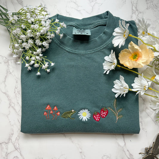 Embroidered Cottagecore Nature Frog Mushroom Tshirt