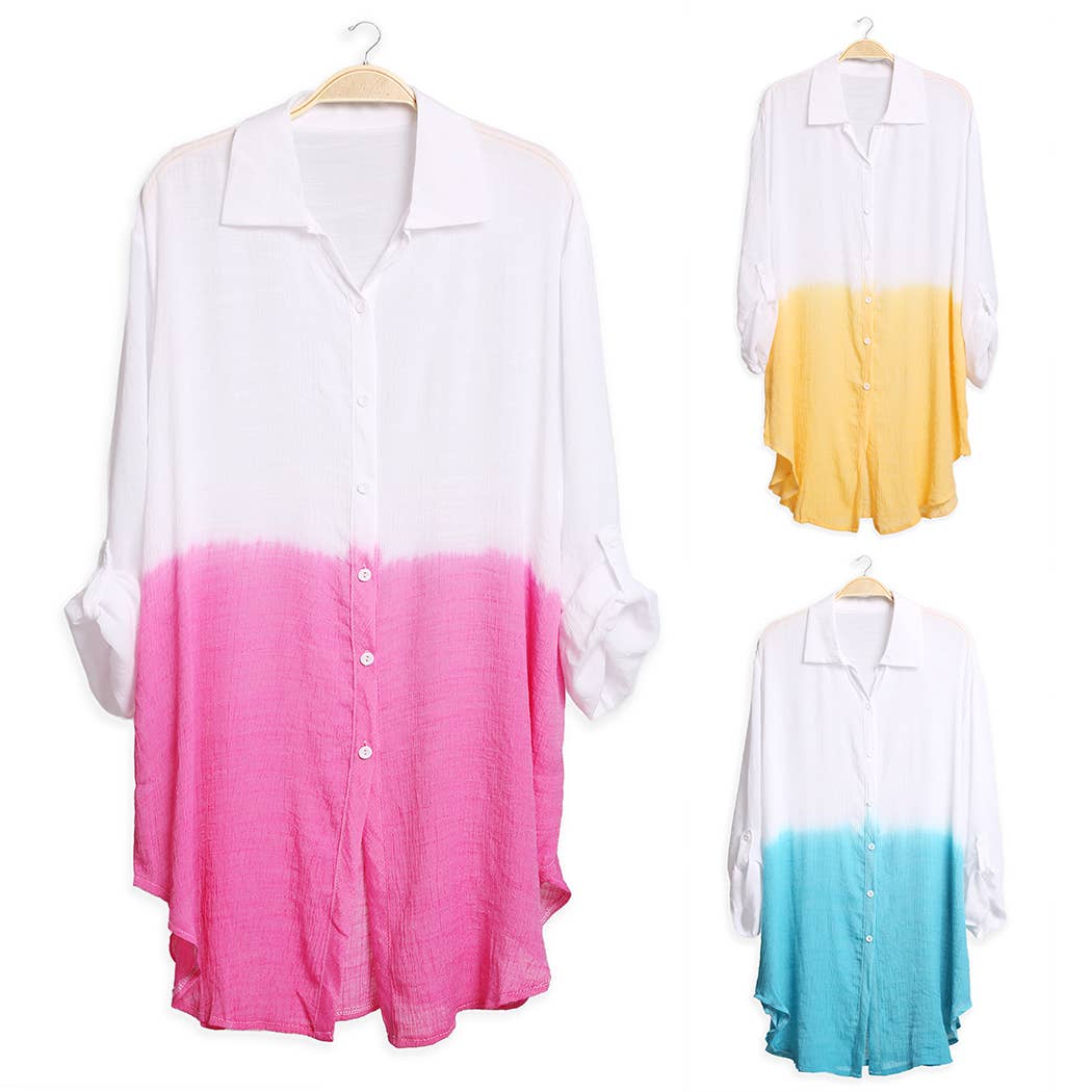 Two Tone Oversized Long Sleeveless Shirt Cover Up
