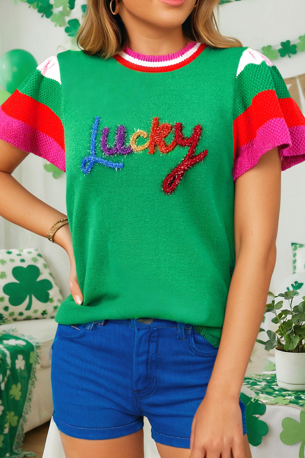 Shiny Lucky Striped Flutter Sleeve Round Neck Sweater (S-Xl)
