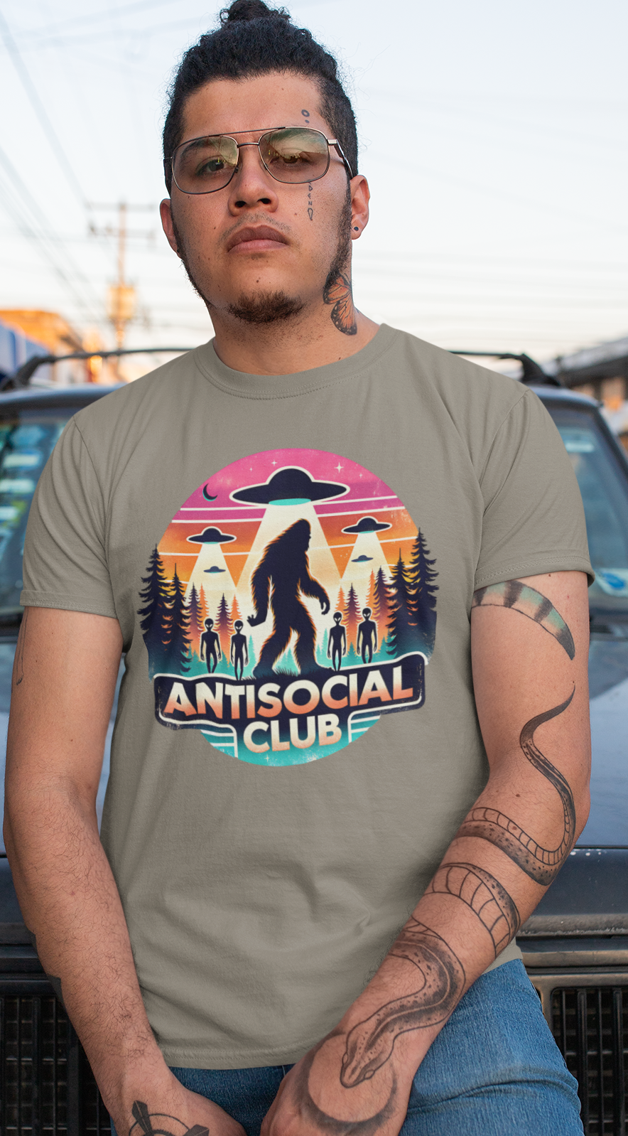 Bigfoot Ufo Alien Antisocial Club T-Shirt (Brown Savanah)