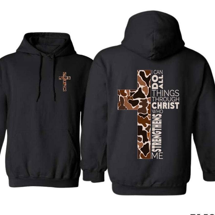 Christian 2-Sided Hoodie Camo Cross Design Philippians Verse