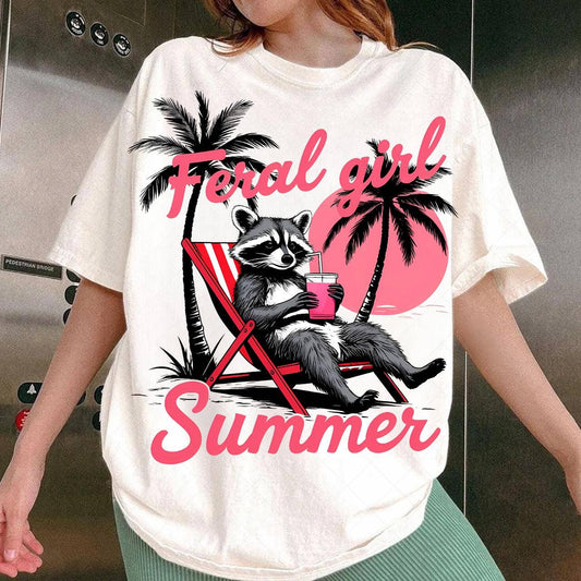 Feral Girl Summer Graphic Raccoon Beach Shirt Design