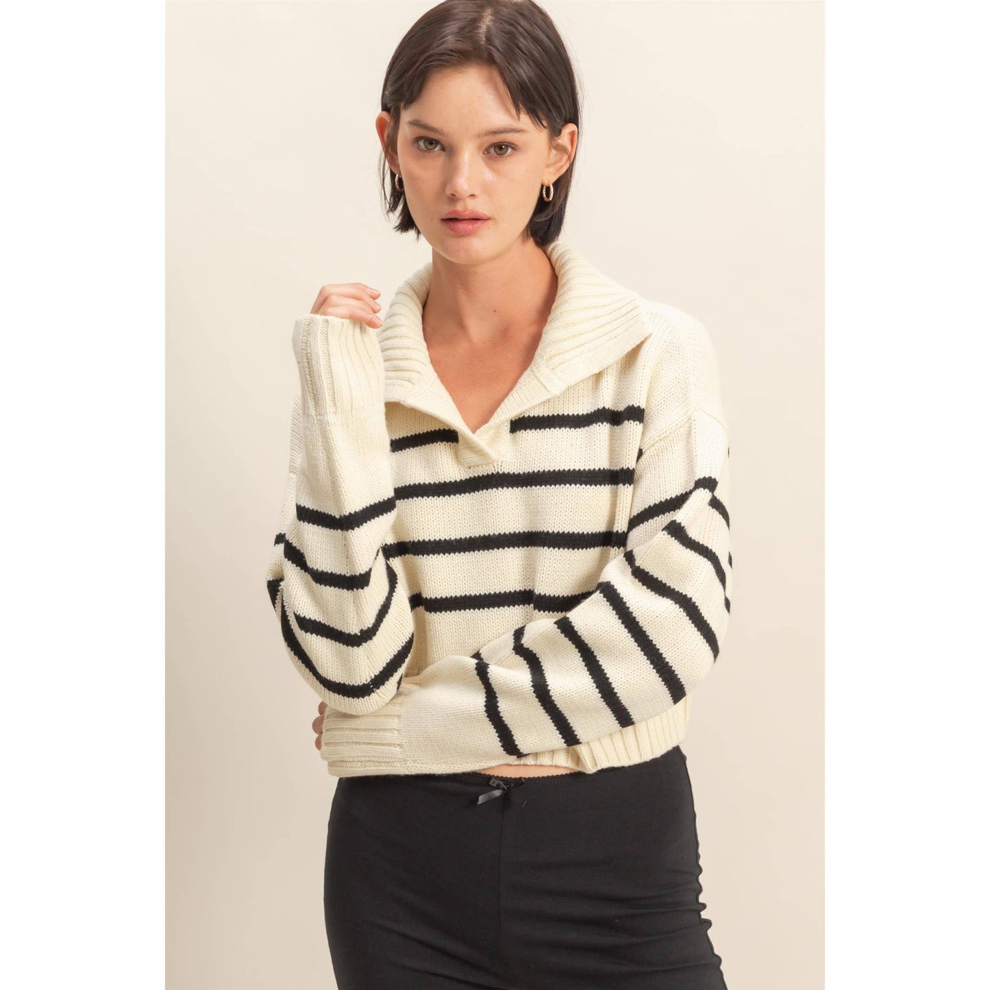 Ribbed Collar Striped Crop Sweater