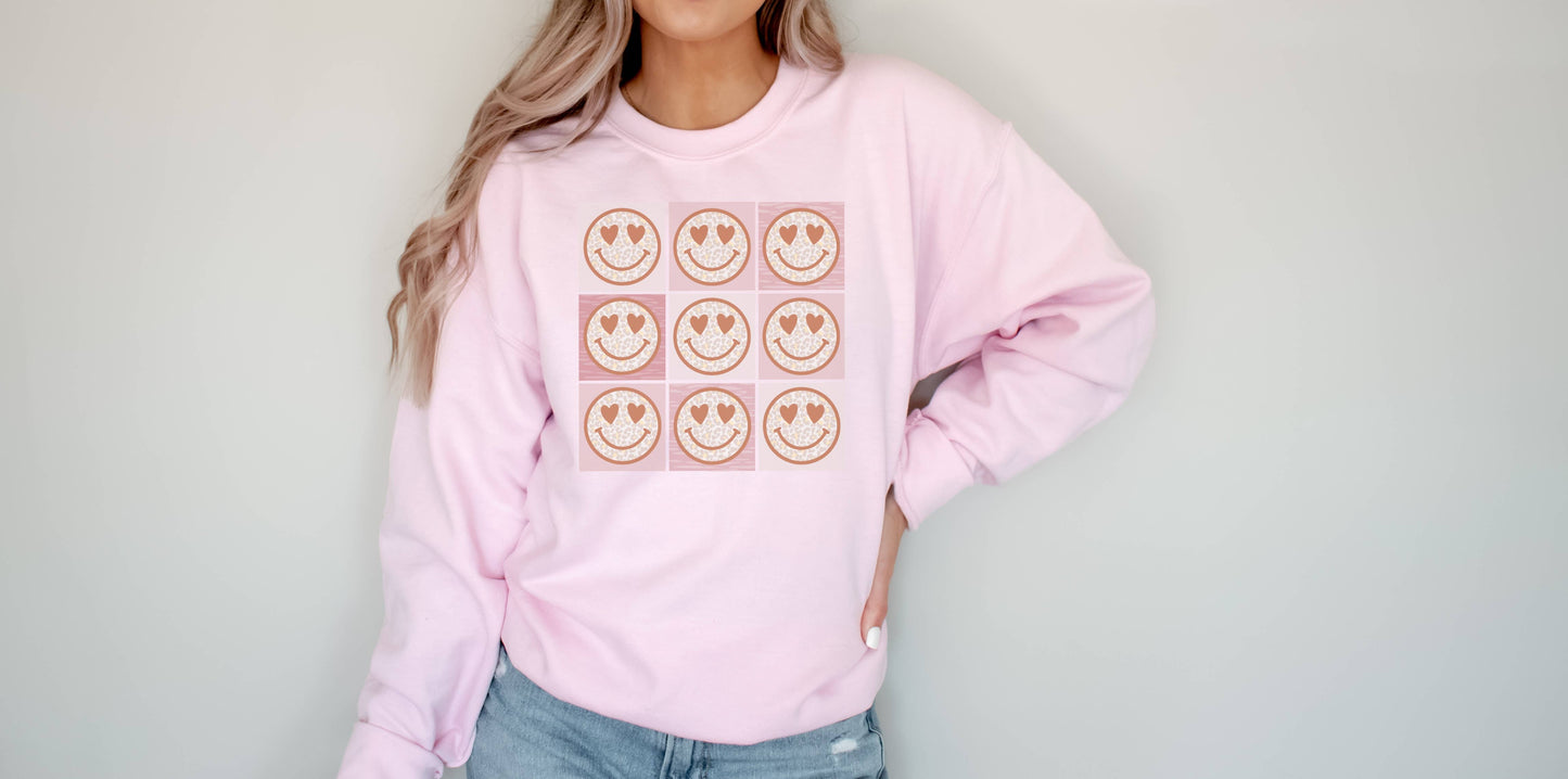 Happy Face Heart Grid Crew Neck Sweatshirt