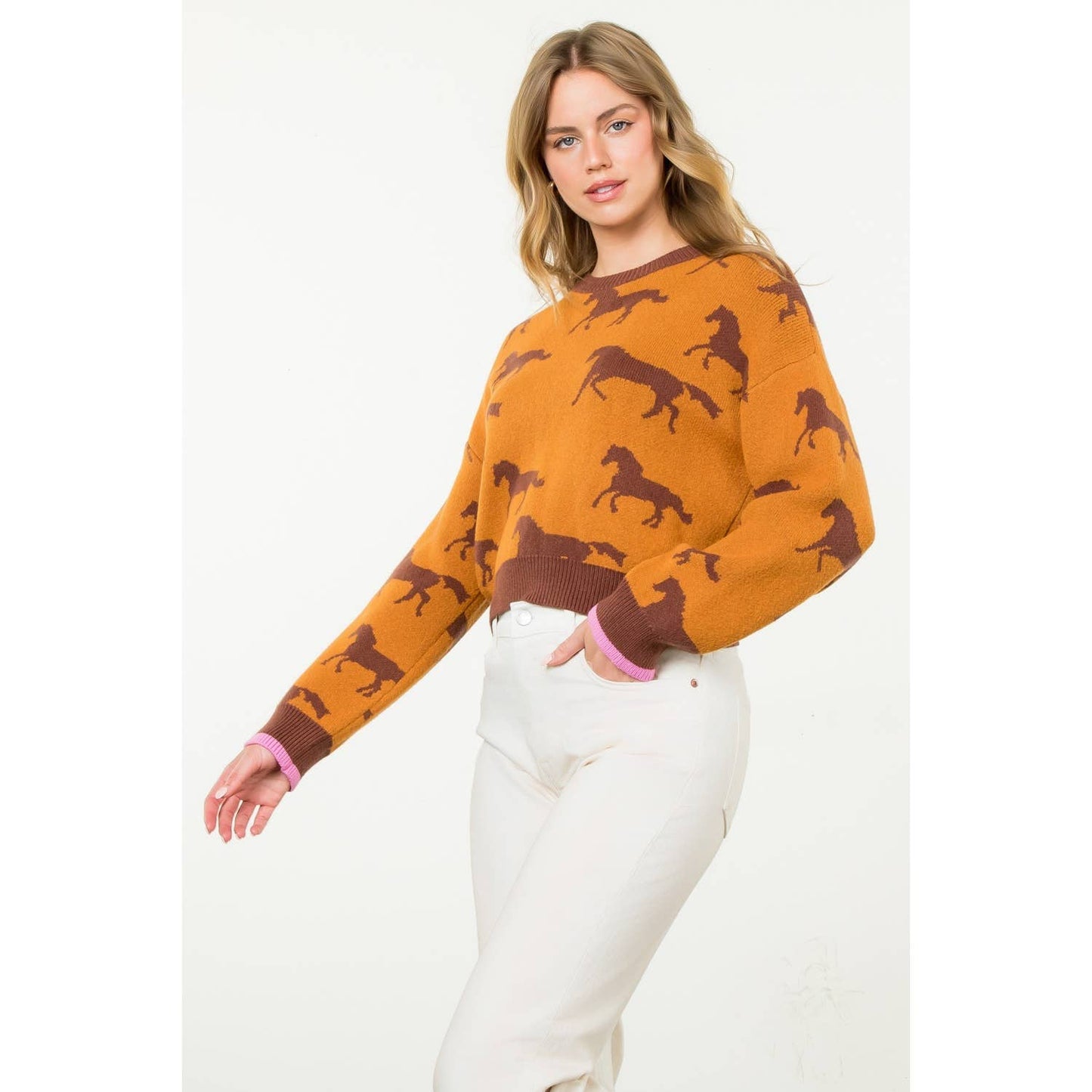 Horse Print Crewneck Knit Sweater