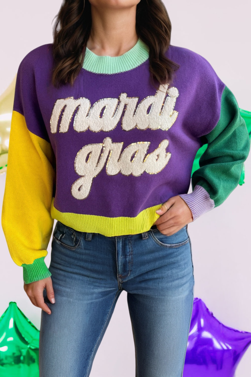 Colorblock Fuzzy Mardi Gras Sweater (S-Xl)