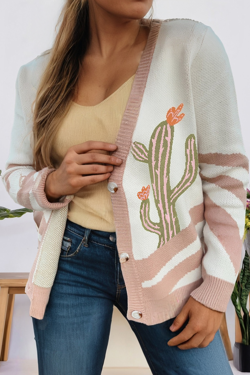 Back To Striped Western Cactus Print Button Sweater (S-4X)