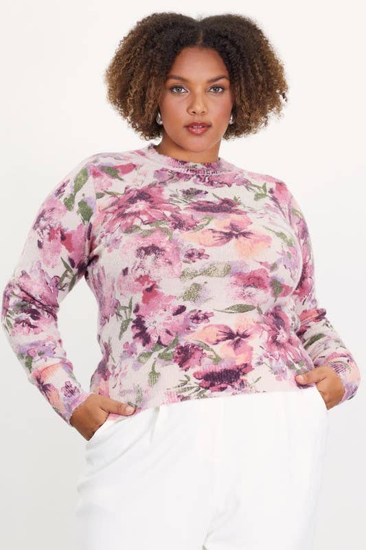 Plus Size Floral Printed Mock Neck Sweater