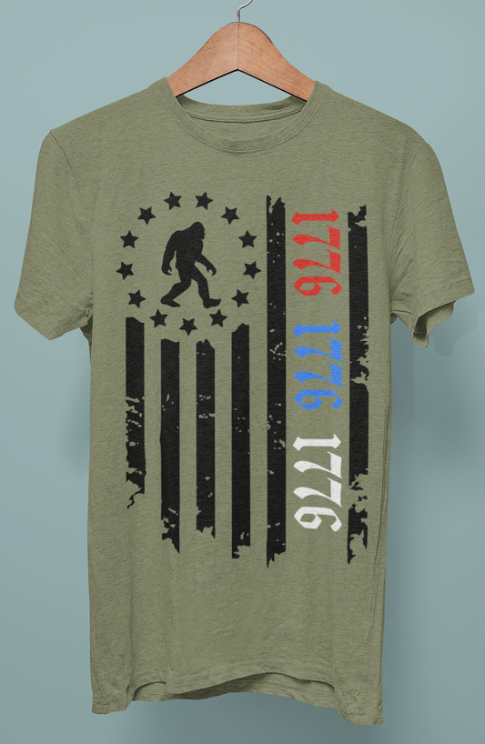 Patriotic 1776 Bigfoot Flag Shirt - Heather Military Green