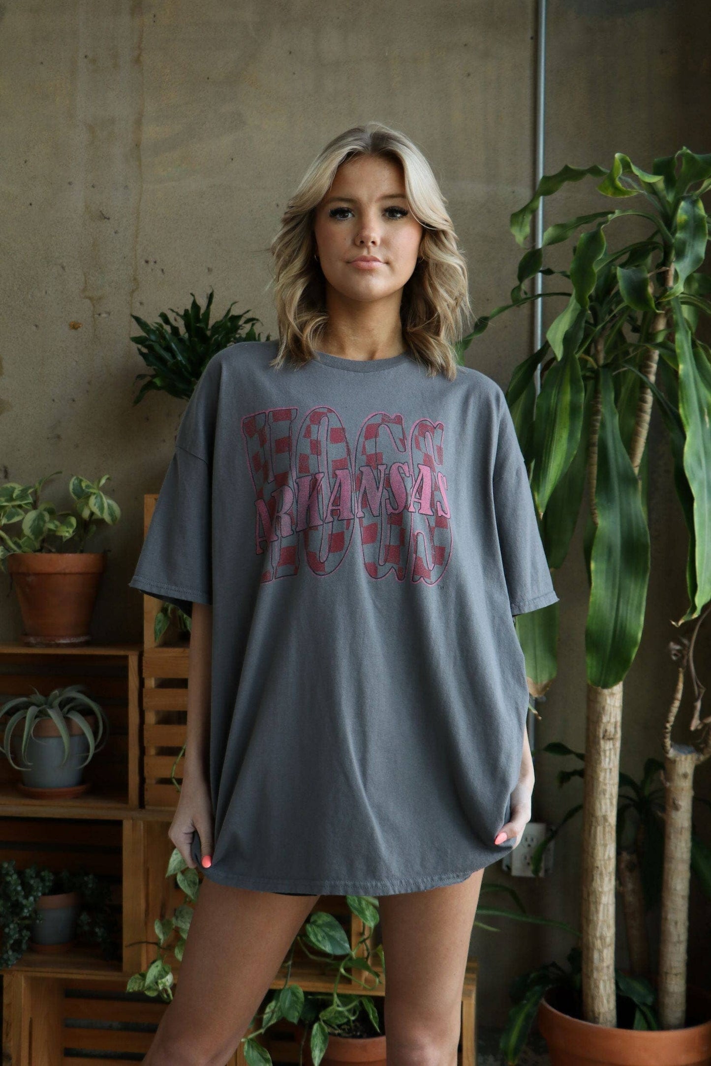 Arkansas Razorbacks Twisted Check Charcoal Thrifted Tee