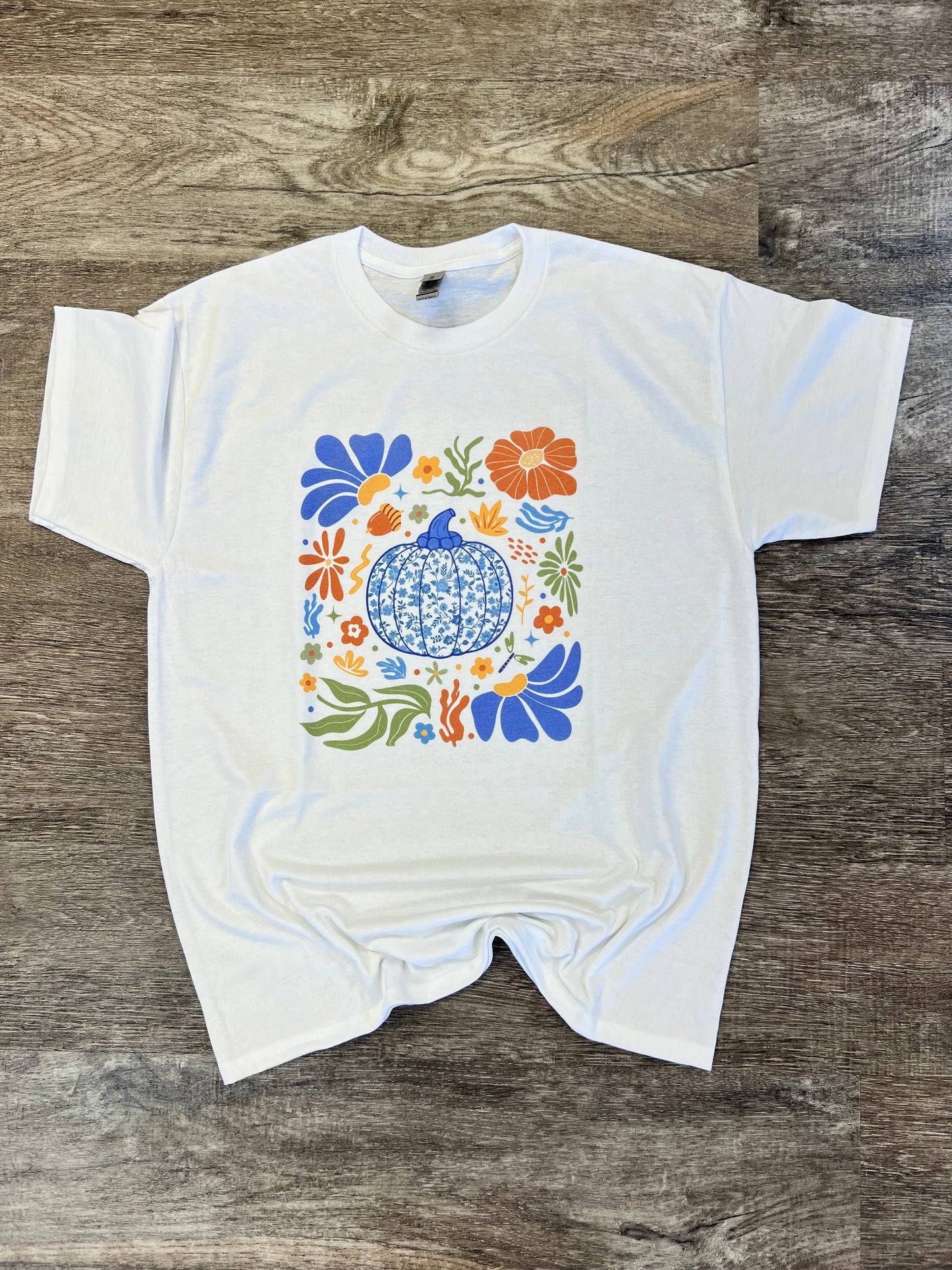 Blue Floral Pumpkin On White Tee