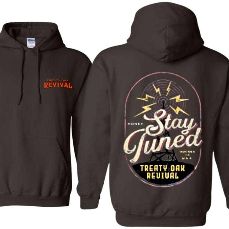Stay Tuned Hoodie with Radio Tower Design & Treaty Oak Logo