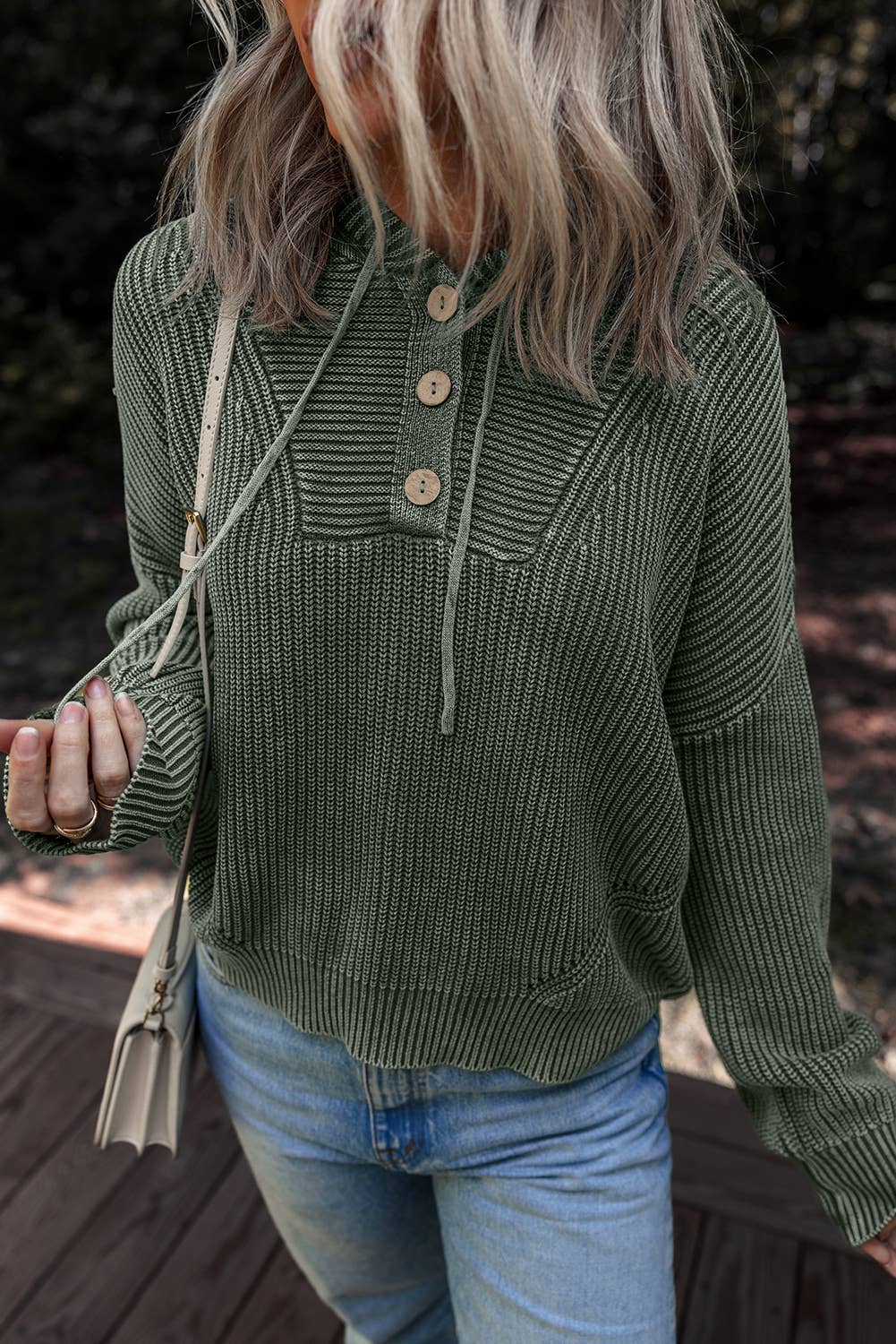 Mineral Wash Ribbed Knit Button Hooded Sweater (S-Xl)