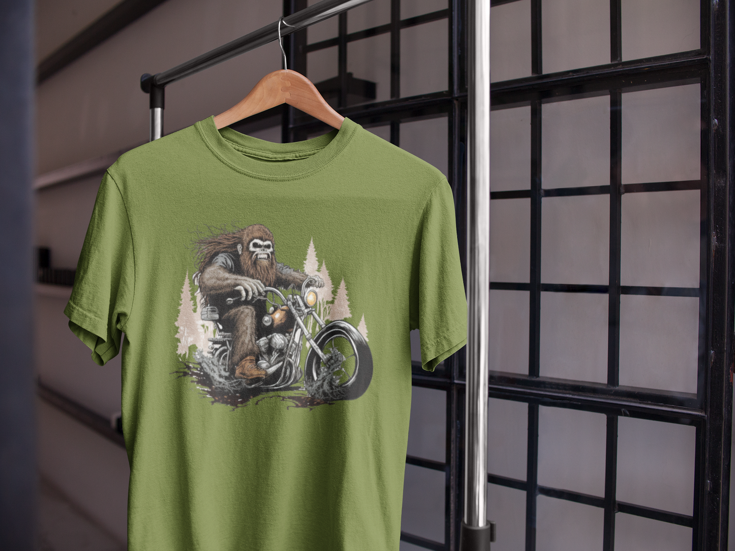 Biker Bigfoot On Green T-Shirt - Biker Squatch Collection