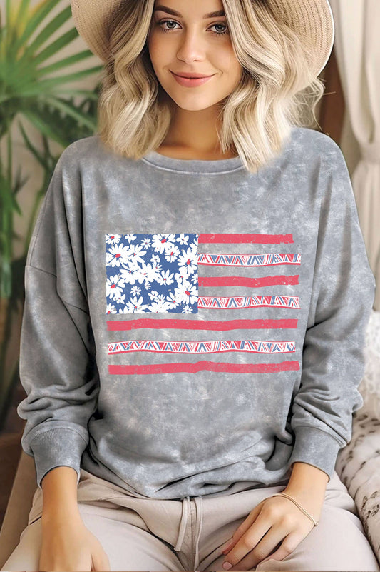 Daisy America Flag Graphic Mineral Brushed Sweatshirt