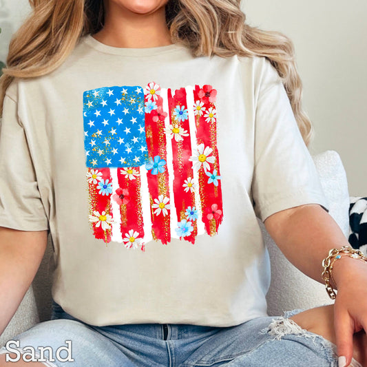 USA Floral Flag July 4th Graphic Tee | Gildan