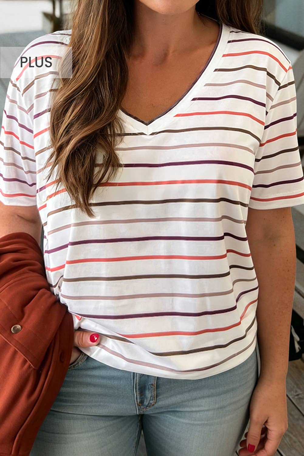 Plus Size Stripe V Neck Short Sleeve Casual Tee