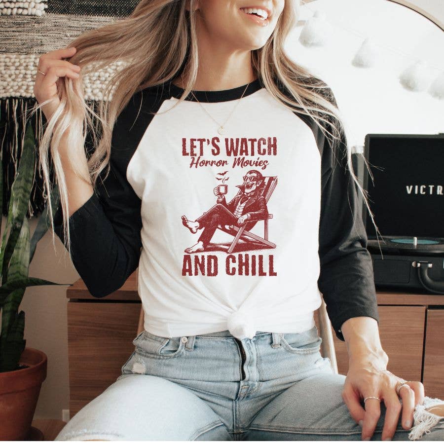 Let's Watch Horror Movies and Chill Baseball Raglan T-Shirt